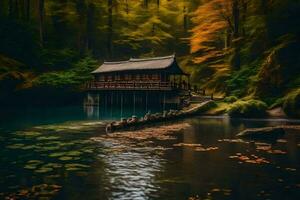 a small wooden house sits on a bridge in the middle of a forest. AI-Generated photo