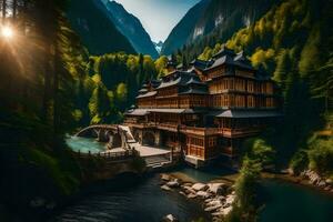 a beautiful wooden house in the mountains. AI-Generated photo