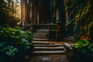 a path through a forest with steps leading up to a building. AI-Generated photo