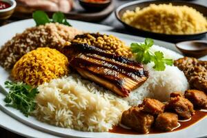 un plato de comida con arroz, carne y vegetales. generado por ai foto