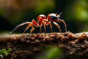 un rojo hormiga es en pie en un registro. generado por ai foto