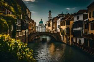 un canal en un ciudad con edificios y un puente. generado por ai foto