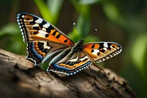 un mariposa es sentado en un registro. generado por ai foto