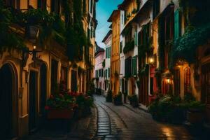 un estrecho calle en un antiguo pueblo con vistoso edificios generado por ai foto