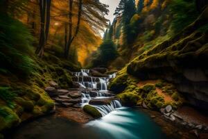 a waterfall flows through a forest in the fall. AI-Generated photo