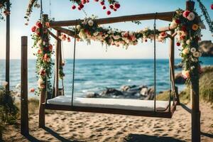 a swing with flowers on it on the beach. AI-Generated photo