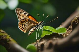 a butterfly is sitting on a branch with leaves. AI-Generated photo