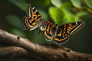 dos mariposas son sentado en un rama juntos. generado por ai foto