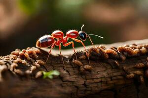 a red ant is standing on a log. AI-Generated photo