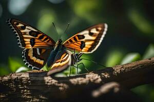 un mariposa es sentado en un rama con un bicho. generado por ai foto