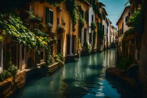 un estrecho canal en Venecia con edificios y plantas. generado por ai foto