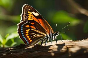 a butterfly with orange and black wings sitting on a tree branch. AI-Generated photo