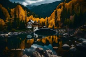 a house sits on a bridge over a lake in the mountains. AI-Generated photo