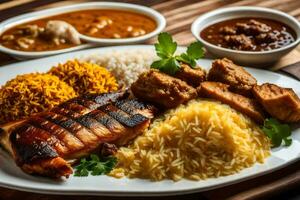 a plate of food with rice, chicken and indian spices. AI-Generated photo