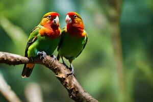 dos vistoso aves sentado en un rama. generado por ai foto