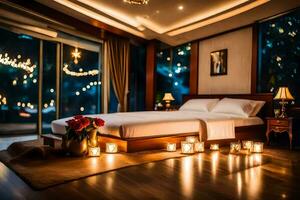 un dormitorio con velas iluminado arriba y un cama. generado por ai foto