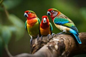 three colorful birds sitting on a branch. AI-Generated photo