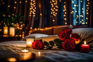 red roses and candles on a bed. AI-Generated photo