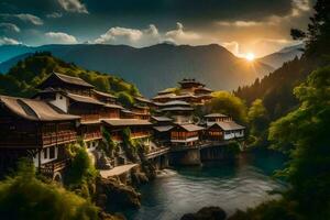 the sun sets over a river and a chinese village. AI-Generated photo