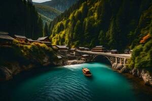 a boat is floating in the middle of a river. AI-Generated photo