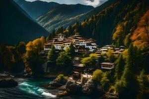 a beautiful mountain village surrounded by trees. AI-Generated photo