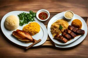 dos platos con comida en ellos y un de madera bandeja. generado por ai foto