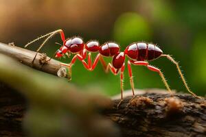 un rojo hormiga es en pie en un rama. generado por ai foto