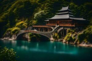 un chino templo en un puente terminado un lago. generado por ai foto