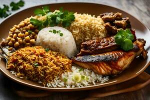 un plato de arroz, pollo, y vegetales en un de madera mesa. generado por ai foto