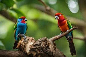 two colorful birds sitting on a branch. AI-Generated photo