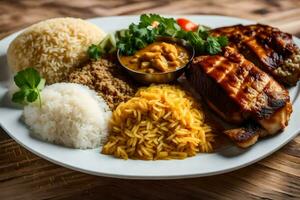 un plato de comida con arroz, pollo, y vegetales. generado por ai foto