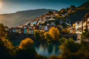 el Dom conjuntos terminado un pueblo en el montañas. generado por ai foto