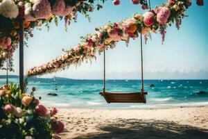 a swing on the beach with flowers hanging from it. AI-Generated photo