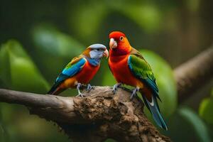 two colorful birds sitting on a branch. AI-Generated photo