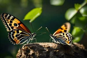 dos mariposas son sentado en parte superior de un árbol trompa. generado por ai foto