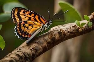 un mariposa es sentado en un rama. generado por ai foto