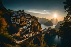 el Dom sube terminado el pueblo de amalfi. generado por ai foto