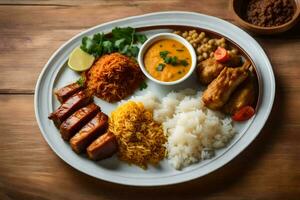 un plato de comida con arroz, carne, y vegetales. generado por ai foto