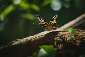 un mariposa se sienta en un rama en el bosque. generado por ai foto