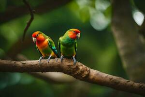 dos vistoso aves sentado en un rama. generado por ai foto