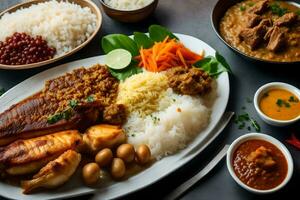 un plato de comida con arroz, carne y vegetales. generado por ai foto