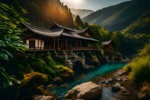 a chinese house sits on a river in the mountains. AI-Generated photo