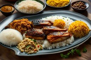 a plate of food with rice, meat and other ingredients. AI-Generated photo