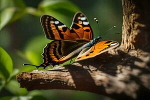 un mariposa es sentado en un árbol rama. generado por ai foto