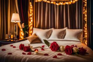 a bed with roses and candles in front of a canopy bed. AI-Generated photo