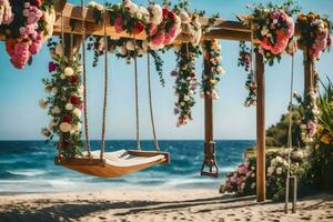 a swing on the beach with flowers hanging from it. AI-Generated photo