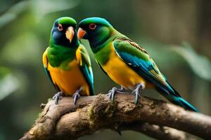 two colorful birds sitting on a branch. AI-Generated photo