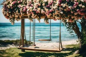 a swing with flowers hanging from it. AI-Generated photo