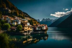a village sits on the edge of a lake. AI-Generated photo
