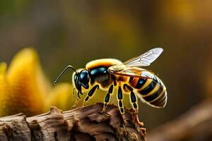 un abeja con un amarillo y negro cuerpo es sentado en un registro. generado por ai foto